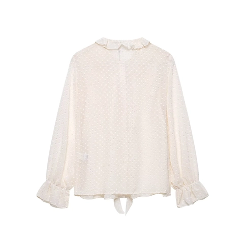 Swiss Dot Ruches Blouse Lange Mouwen Chiffon Shirt Strik Nek Elegant Crème Wit Dames Top