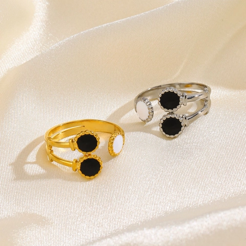 Adjustable Ring Stainless Steel Gold Plated French Retro Geometric Circular Discs Black White Enamel Trendy