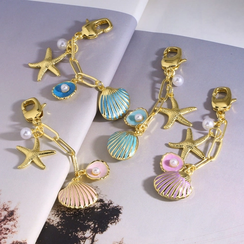 Llavero Colgante De Bolso Tema Océano Cobre Chapado En Oro Estrella De Mar Esmalte Concha Y Perla Artificial