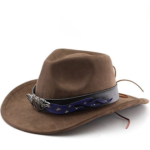 Cappello Da Cowboy Occidentale Scamosciato Tesa Larga Vintage Jazz Fedora Con Cintura Motivo Fiamma Distintivo Aquila USA Unisex