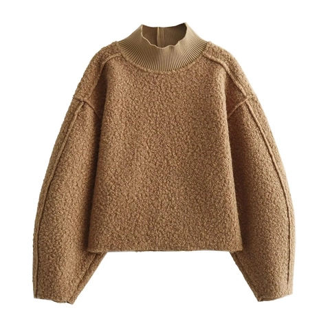 Dames Bouclé Sweatshirt Mock Neck Lange Mouwen Drop Shoulder Losse Pullover Korte Top Casual Herfst Winter