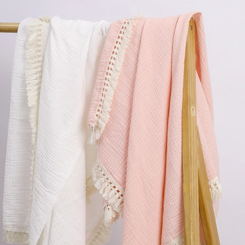 Coperta Fascia per Neonati in Cotone Mussola Morbida Traspirante in Garza Crepe Con Bordo a Nappe Per Passeggino Neonato