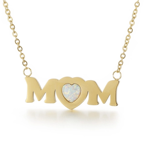 Elegante Collar de Acero Inoxidable Con Colgante de Corazón Letra MOM Y Ópalo Artificial Blanco Regalo del Día de la Madre Joyería