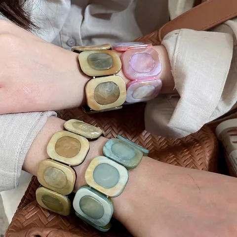 Resin Wide Band Bracelet Marble Swirl Square Links Elastic Minimalist Vintage Style Jewelry For Women