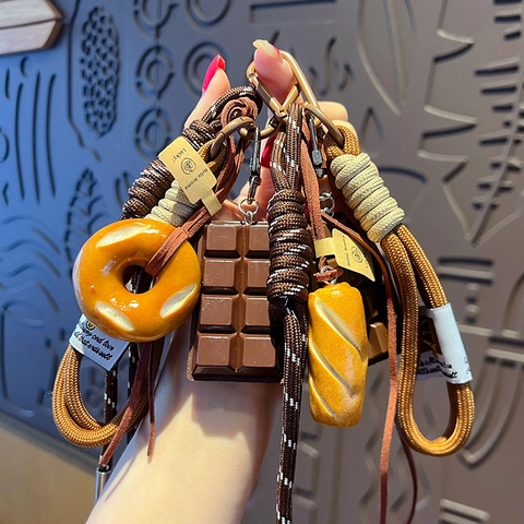 Portachiavi Cibo Simulazione PVC Resina Peluche Pretzel Croissant Baguette Ciondolo Borsa Corda Intrecciata Carino Cartone Animato Regalo