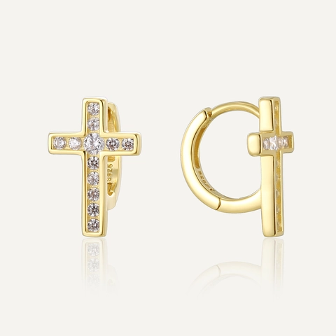 Orecchini a Cerchio a Croce in Argento Sterling S925 Placcato Oro 14K per Donna Zirconia Intarsiata Gioielli di Moda