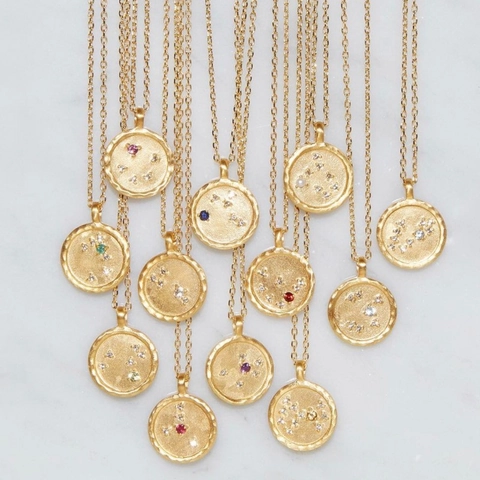 Zodiac Constellation Pendant Necklace Copper 18K Gold Plated Cubic Zirconia Birthstone Retro Jewelry For Women
