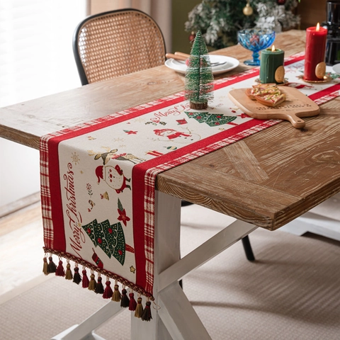 Runner Da Tavola Natalizio Quadri Rossi Jacquard Pupazzo Di Neve Poliestere Nappe Decorazione Tavola