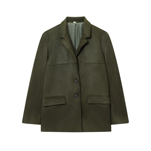 Women Faux Suede Jacket And Shorts Solid Color Vintage Casual Streetwear Olive Green Lapel Coat
