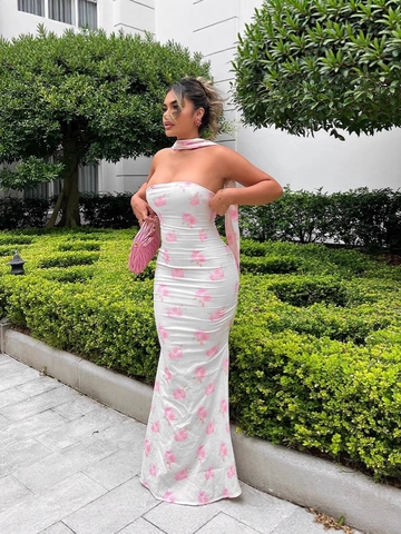 Dames Maxi Jurk Met Bloemenprint Bandeau Polyester Elastaan Rugloos Bodycon Slim Zomer Feest Sexy Jurk Met Sjaal