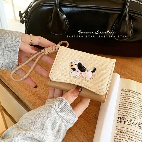 Cute Dog Embroidery Women Wallet Card Holder PU Leather Denim Fabric Multifunctional Short Fold Wrist Lanyard Korean Ins Style