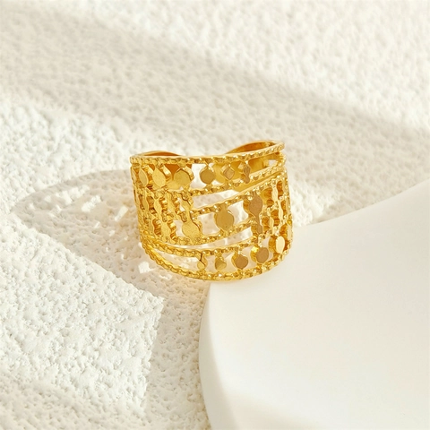 Anello Aperto Minimalista in Acciaio Inossidabile Cavo per Donna Texture Geometrica Placcato Oro Argento Regolabile