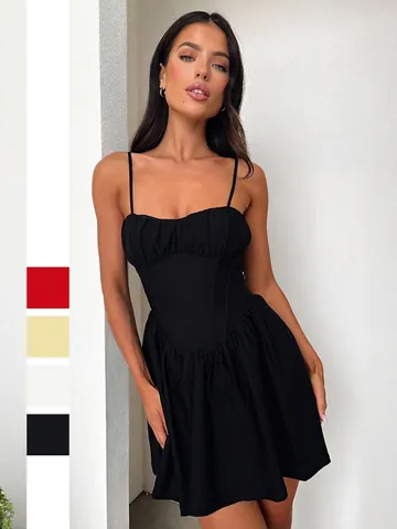 Damen Spaghettiträger Minikleid Polyester Korsett Stil Gerüschtes Bandeau Sexy Sommer Freizeit A-Linie Slim Fit Y2K Elegant