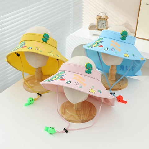 Kids Sun Hat Empty Top Visor Dinosaur Print Polyester Breathable Mesh Neck Protection Adjustable Whistle Outdoor Summer