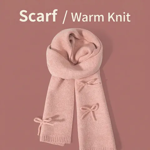 Damen Süß Schleife Gestrickt Schal Weich Warm Baumwollmischung Mittellang Schal Einfarbig Winter Halswärmer Stola Schal
