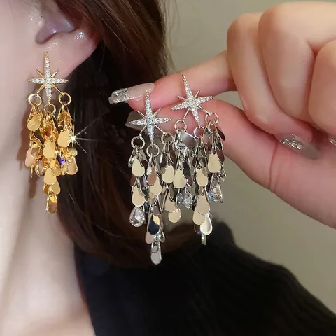 Pendientes De Estrella Con Flecos Chapado En Oro Cobre Circonita Gota De Agua Hoja Metal Poste Plata De Ley 925 Mujer