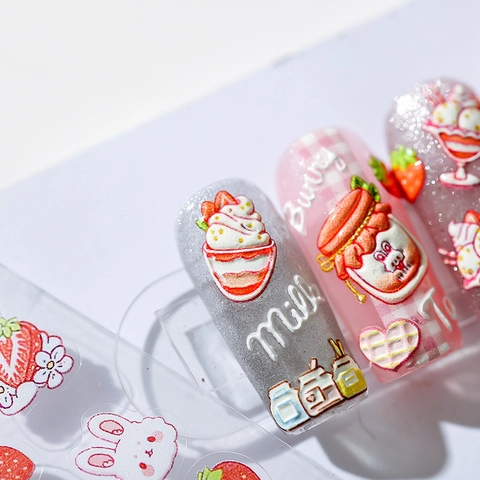 Reliëf Nagelkunst Stickers Schattig Aardbeientaart Konijn Ontwerp Zelfklevend Manicure Decoratie DIY