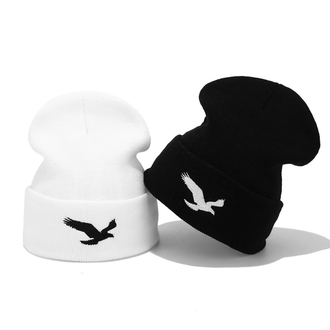 Berretto in Maglia Ricamato con Aquila Unisex Hip Hop Invernale Caldo Berretto in Acrilico per Uomo Donna Streetwear Casual Nero Bianco