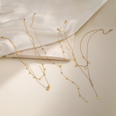 Collana Con Pendente Stella Luna Nappa Acciaio Inossidabile Placcato Oro 18K Zircone A Strati Forma Y Gioielli Da Donna