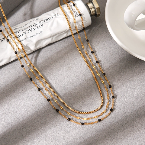 Triple Layer Stainless Steel Necklace With Black Beads Gold Plated French Retro Clavicle Chain For Women