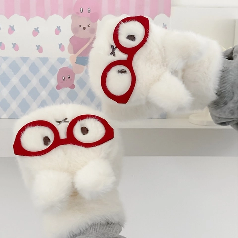 Cartoon Kaninchen Klapphandschuhe Winter Warm Plüsch Verdickt Fingerlose Handschuhe Mit Roter Brille Stickerei Polyester