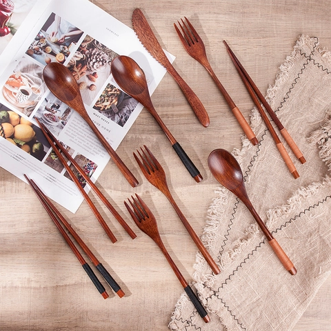 Japanese Style Wooden Cutlery Spoon Fork Knife Chopsticks Natural Wood Tableware Hand Wrapped Thread Portable Reusable