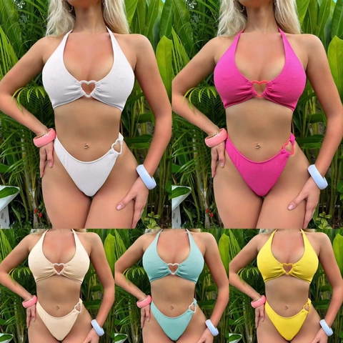 Bikini Top And Bottom Textured Halter Swimsuit Heart Buckle High Cut Beachwear Vacation Women