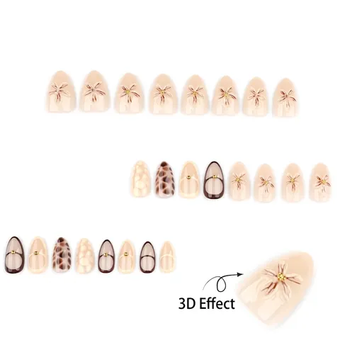 3D Bloem Kunstnagels Kort Amandel Luipaardprint Bruin Nude Valse Nagels Met Gouden Kralen Decor Voor Vrouwen