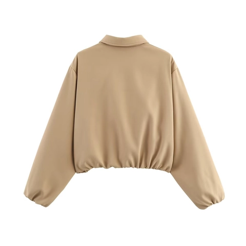 Veste Courte à Fermeture Éclair Décontractée pour Femmes Couleur Unie Col à Revers Ourlet Élastique Blouson Bomber