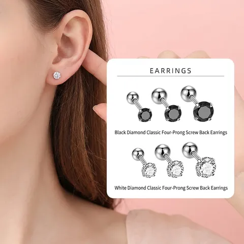 Four Prong Cubic Zirconia Stud Earrings With 925 Sterling Silver Earring Post Screw Back Anti Loss Ball Closure