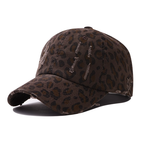 Leopard Print Distressed Baseball Cap Washed Cotton Vintage Streetwear Adjustable Metal Buckle Breathable Sun Hat Unisex