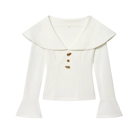 Outfit Donna Moda Casual Top Con Grande Bavero E Pantaloni A Zampa Eleganti Bottoni Oro Manica Lunga Abito Streetwear Ufficio