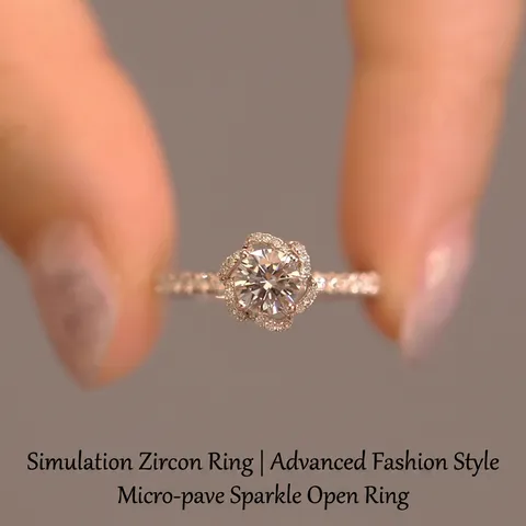 Anillo De Flor Elegante Circón Mujeres Cobre Plateado Redondo Diamante De Simulación Ajustable Abierto Boda Compromiso Joyería