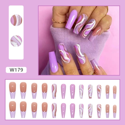 Long Ballerina Press On Nails Purple Ripple Marble Design Glitter Shards Artificial Fake Nails Art For Women