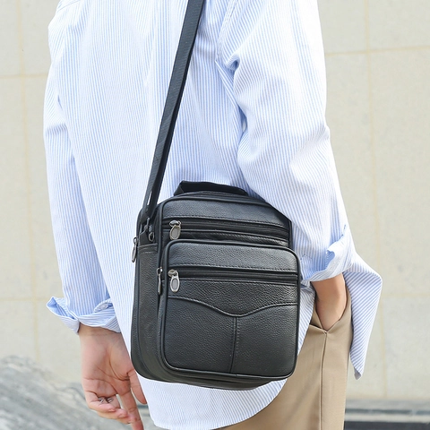 Bolso Bandolera Para Hombre Bolso De Hombro Cuero De Vaca Grano De Litchi Gran Capacidad Cremallera Multicapa Impermeable