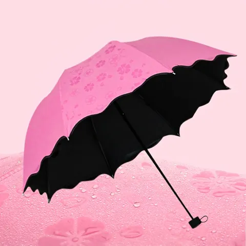 Parapluie Pliant Avec Motif De Fleurs Magiques Lorsqu'il Est Mouillé Parasol Soleil Pluie Revêtement Noir Anti-UV Bord Festonné