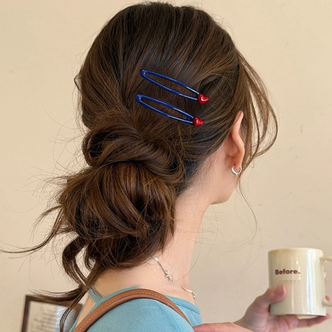 Barrettes À Cheveux En Métal Bleu Marine Décor Coeur Rouge Noeud Doux Style Coréen Pour Femmes Filles Vintage