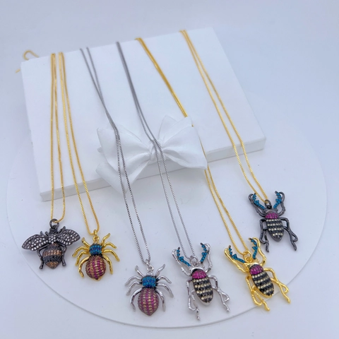 Insekt Anhänger Halskette Kupfer Mit Zirkon Straß Bunte Biene Spinne Käfer Schmuck Für Frauen Mode