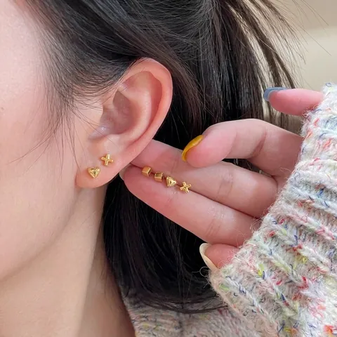 Boucles D'oreilles Puces Géométriques Cœur Croix Cube Plaqué Or Avec Tige En Argent Sterling 925 Pour Femmes Bijoux Élégants