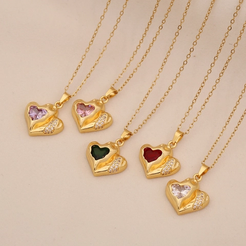 Heart Pendant Necklace Stainless Steel Gold Plated With Colorful Zircon Stones Fashionable Elegant Jewelry For Women