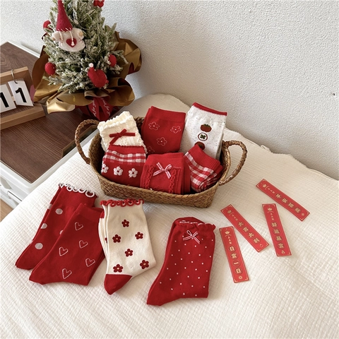 Women Cotton Crew Socks Red White Festive Christmas New Year Wedding Bow Polka Dot Heart Plaid Floral Pattern Sweet