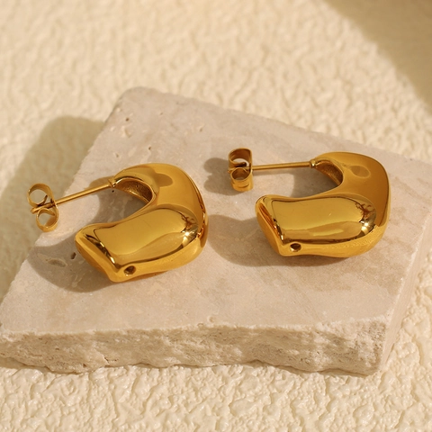 Chunky C Shape Earrings Stainless Steel 18K Gold Plated Geometric Irregular Minimalist Liquid Metal Style For Women