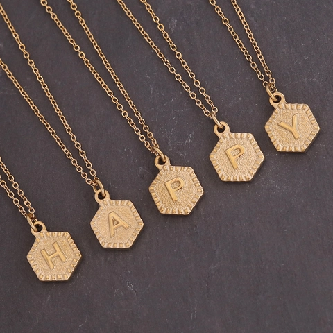 Ketting Met Beginletter Roestvrij Staal Zeshoekige Hanger Gehamerde Textuur Vintage Minimalistische Sieraden Cadeau Voor Vrouwen