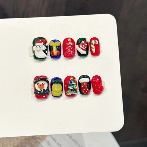 Weihnachts 3D Kunstnägel Weihnachtsmann Schneemann Baum Handgefertigt Relief Rot Grün Verlauf Glitzer Maniküre Für Damen