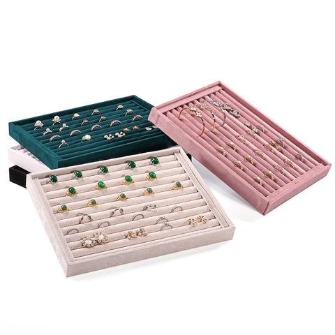 Velvet Jewelry Display Tray Multi Slot Ring Earring Organizer For Counter Desktop Rectangular Soft Storage Prop