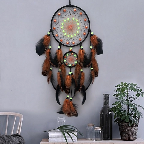Acchiappasogni Piuma Perline Luminose Decorazione Da Parete Fatta A Mano Doppio Anello Stile Boho Regalo