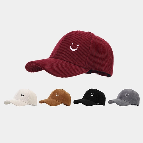 Corduroy Baseball Cap Smile Face Stickerei Verstellbar Vintage Casual Sonnenschutz Warme Hut Streetwear Accessoires