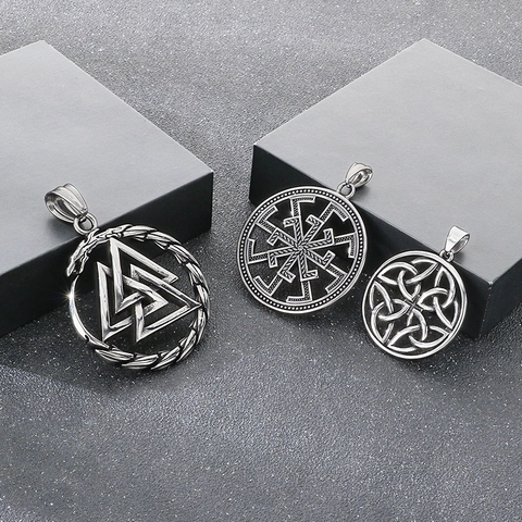 Viking Nordic Mythology Pendant Necklace Stainless Steel Retro Valknut Celtic Knot Slavic Sun Wheel For Men