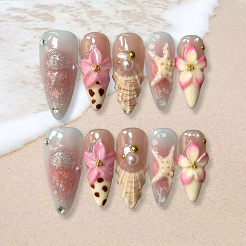 Unghie Finte Tema Oceano Decorazione 3D Stella Marina Conchiglia Perla Artificial French Blush Traslucido Lunghe Mandorla Manicure Per Donne