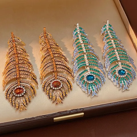 Pendientes Largos Pluma Vintage Aleación Diamantes Imitación Estilo Bohemio Mujer Con Poste De Plata 925 Sterling